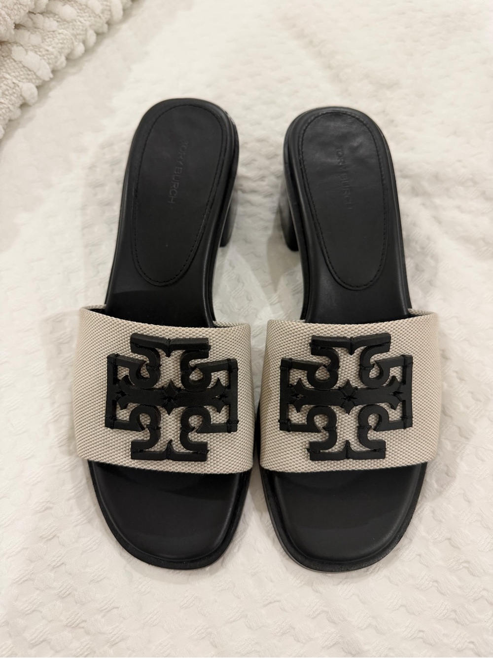 Tory Burch Black & Ivory Logo Slide Mules